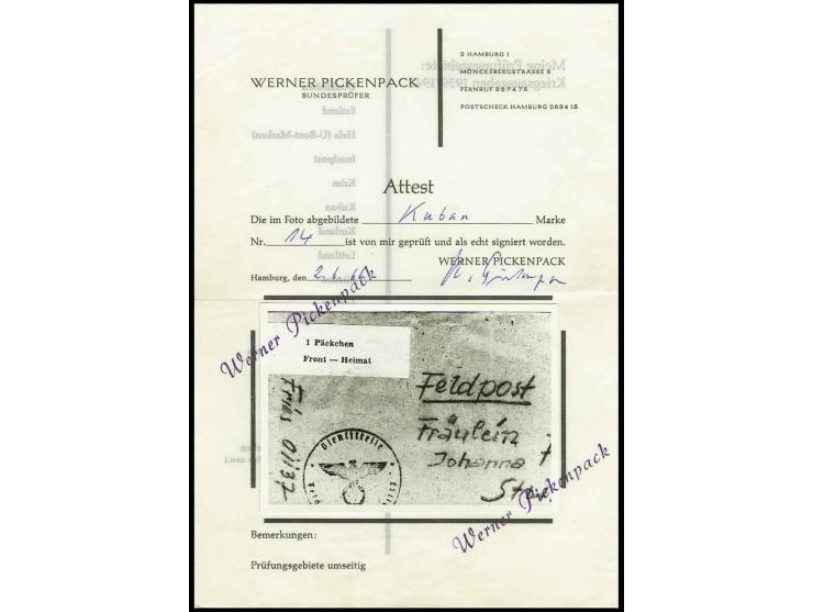 1943, Kuban-Zulassungsmarke in Type II auf kompletter Vorderseite mit 20 Pfg. Hitler, nebengesetzt Feldpoststempel "Dienstste