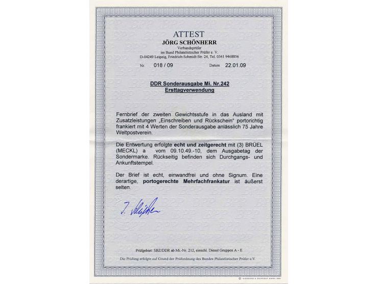 1949, UPU 50 Pfg. im 4er-Block aus der rechten unteren Bogenecke mit Druckvermerk, mit Ersttagsstempel "BRÜEL (MECKL) 09.10.4