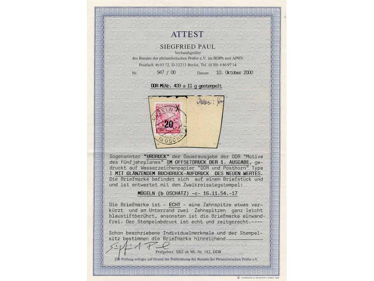 Fünfjahrplan 20 auf 24 Pfg., Urdruck mit glänzendem Aufdruck, auf Briefstück mit Stempel "MÜGELN 16.11.54, eine Zahnspitze et