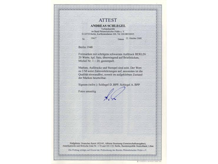 2 Pfg.-5 M. kpl., sauber gestempelt auf Briefstücken, Fotoattest Schlegel BPP (Mi. 3.000,-+)