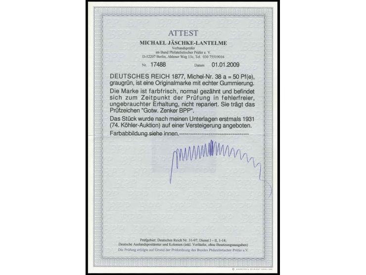 1877, Reichsadler im Oval: 50 Pfennige graugrün, ungebraucht in einwandfreier Erhaltung, registriert seit der 74. Köhler-Aukt