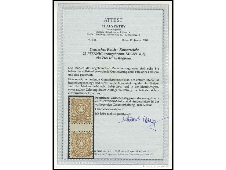 1880, PFENNIG-AUSGABE: 25 Pfennig orangebraun im senkrechten Zwischenstegpaar, postfrisch in tadelloser Erhaltung, an der obe