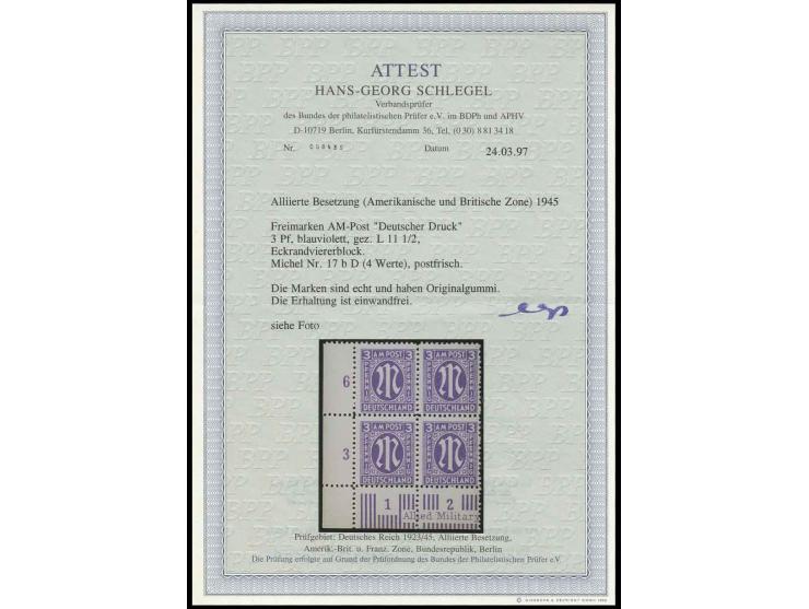 Deutscher Druck: 3 Pfg. blauviolett in Zähnung 11 1/2, postfrischer Viererblock aus der linken unteren Bogenecke, unsign. mit