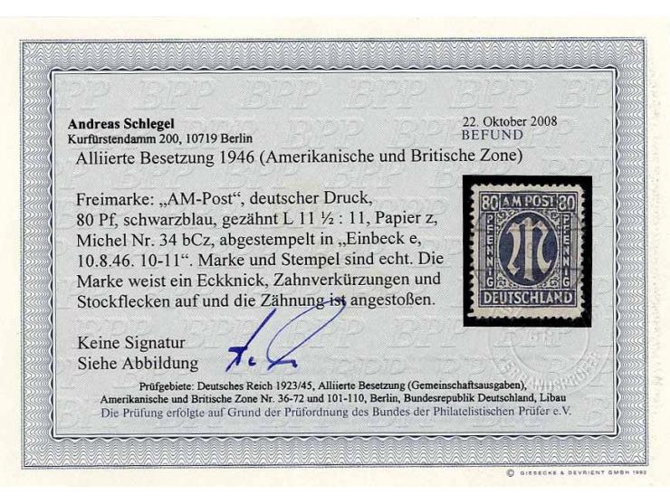 80 Pfg. schwarzblau, zentrisch gestempelt, leichte Einschränkungen, Fotobefund Schlegel A. BPP (Mi. 1.400,-)