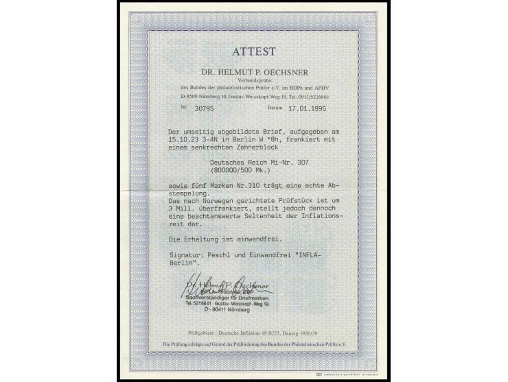 1923, Aufdruckausgaben der Hochinflation: 800 Tausend auf 500 Mark gelblichgrün im senkrechten 10er-Block mit 5 Stück 2 Milli