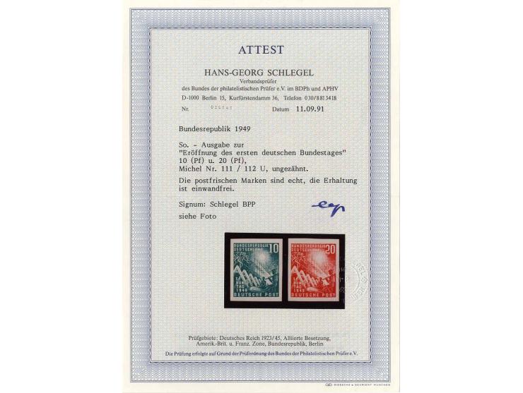 1949, Bundestag 10 und 20 Pfg., breitrandig ungezähnt, postfrisch, sign. Schlegel BPP mit Fotoattest (Mi. 2200,-)