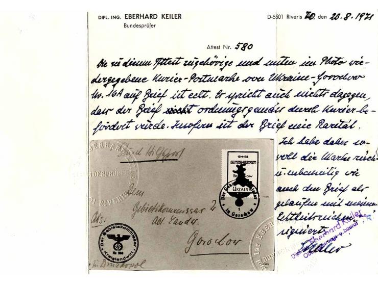 LOKALAUSGABE GOROCHOW: 1944, Freimarke 12+28 Pfennig gezähnt, portogerecht auf Brief, entwertet durch Dienstsiegel "Der Gebie