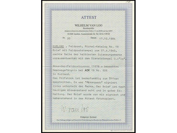 1945, Kurland-Schnellbrief mit halbierter Zulassungsmarke mit Aufgabestempel "FELDPOST 07.4.45" von einem Angehörigen der Fel