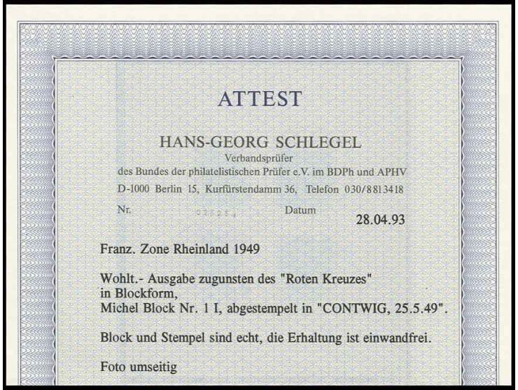 1949, Rotkreuz-Block in Type I, sauber gestempelt "CONTWIG 25.5.49", Pracht, Fotoattest Schlegel BPP (Mi. 1.500,-)
