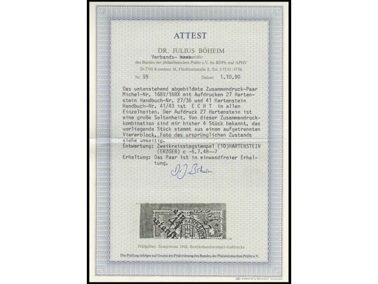 "27/Hartenstein" (Numerator) und "41/Hartenstein" auf senkrechtem Paar Arbeiter 8 Pfennig mit Stempel "HARTENSTEIN 6.7.4(8)" 
