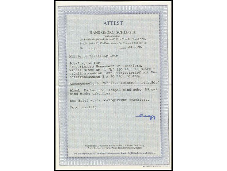 1949, Blockausgabe zur Exportmesse Hannover, dabei 30 Pfennig in Farbe dunkelgrünlichblau mit Zufrankatur auf portogerechtem 