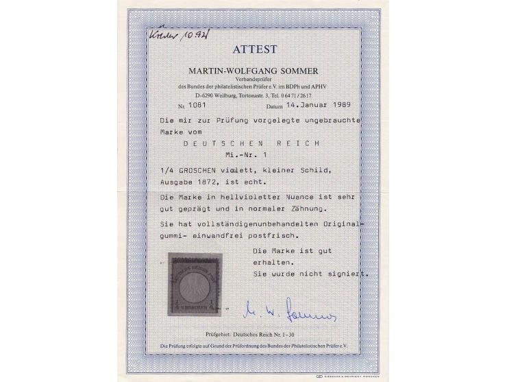 1/4 Gr. in hellvioletter Nuance, sehr gut geprägt, postfrisch, Pracht, Fotoattest Sommer BPP (Mi. 1700,-)