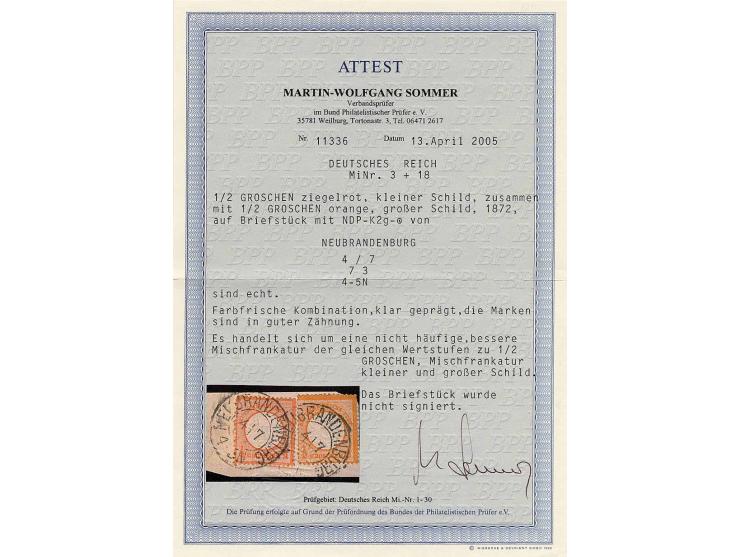 1/2 Gr. ziegelrot und Großer Schild 1/2 Gr. orange mit NDP-DKr. "NEUBRANDENBURG 4/7 73" auf Briefstück, seltene Mischfrankatu