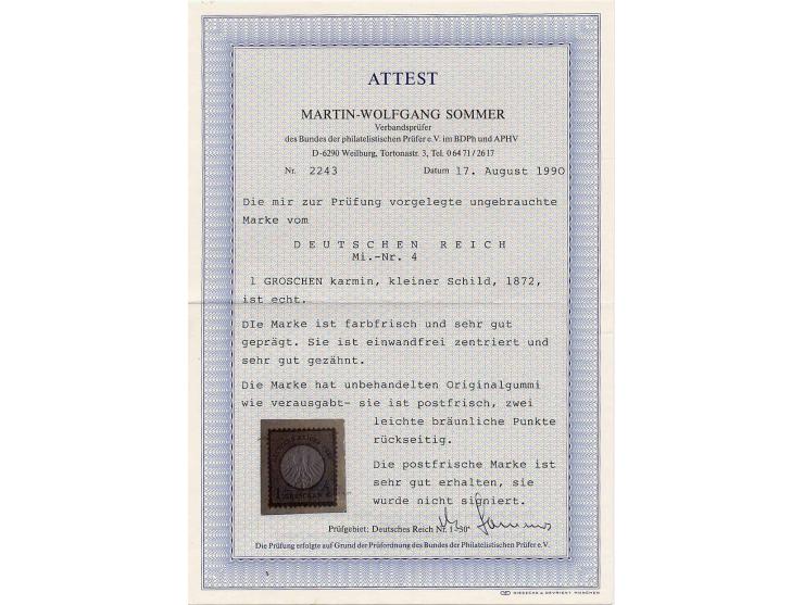 1 Gr. karmin, gut geprägt, gezähnt und farbfrisch, postfrisch und bis auf zwei leichte bräunliche Punkte rückseitig in tadell