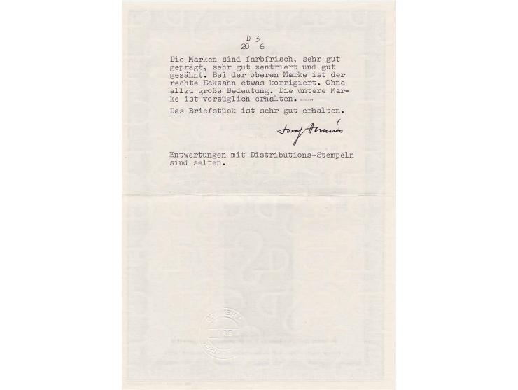 1 Gr. karmin im senkrechten Paar mit jeweils sehr klarem Distributionsstempel "D3/20 6" auf Briefstück, obere Marke rechter E