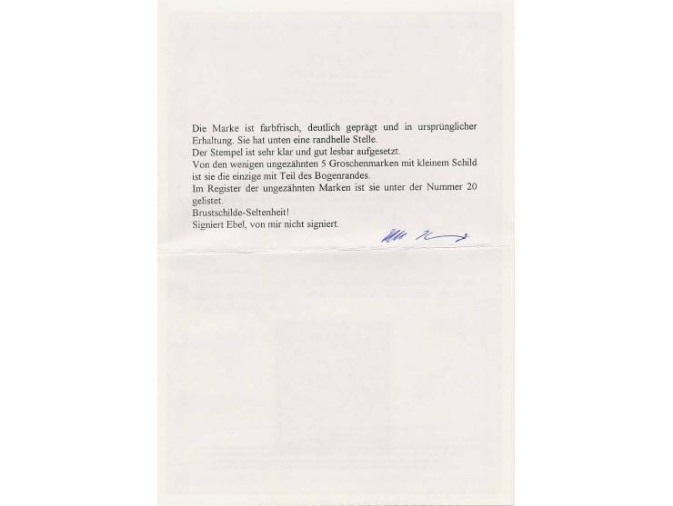 5 Gr. ockerbraun ungezähnt, rechts im Markenbild getroffen, sonst breit- bis überrandig mit Teilen des weißen linken Bogenran