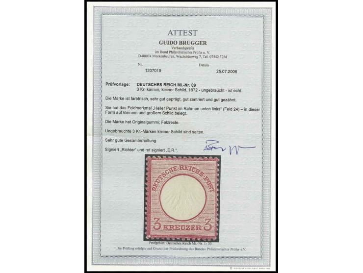 3 Kr. karmin, gut gezähnt und farbfrisch, ungebraucht mit etwas stärkeren Falzspuren, Pracht, u.a. sign. Richter sowie Fotoat