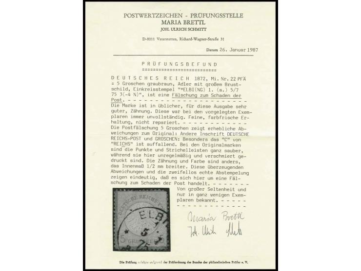 5 Gr. ockerbraun, Elbinger Postfälschung in üblicher etwas unregelmäßiger Zähnung mit klarem EKr. "ELBING 1./5 7 75", seltene