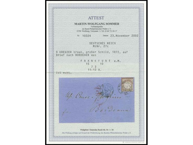 9 Kr. braun, minimale Patina im Prägefeld, sonst farbfrisch, deutlich geprägt und einwandfrei gezähnt, mit Stempel "FRANKFURT