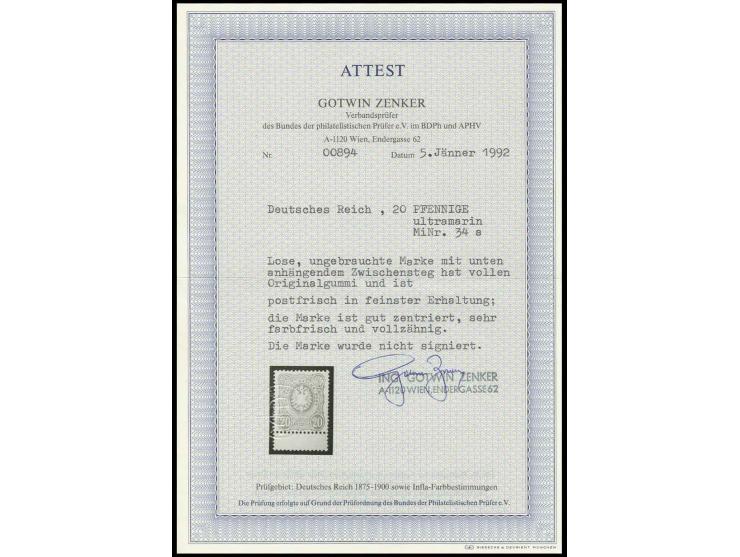 20 Pfge. ultramarin mit unten Zwischensteg, farbfrisch und gut gezähnt, postfrisch, Kabinett, Fotoattest Zenker BPP (Mi. ca. 