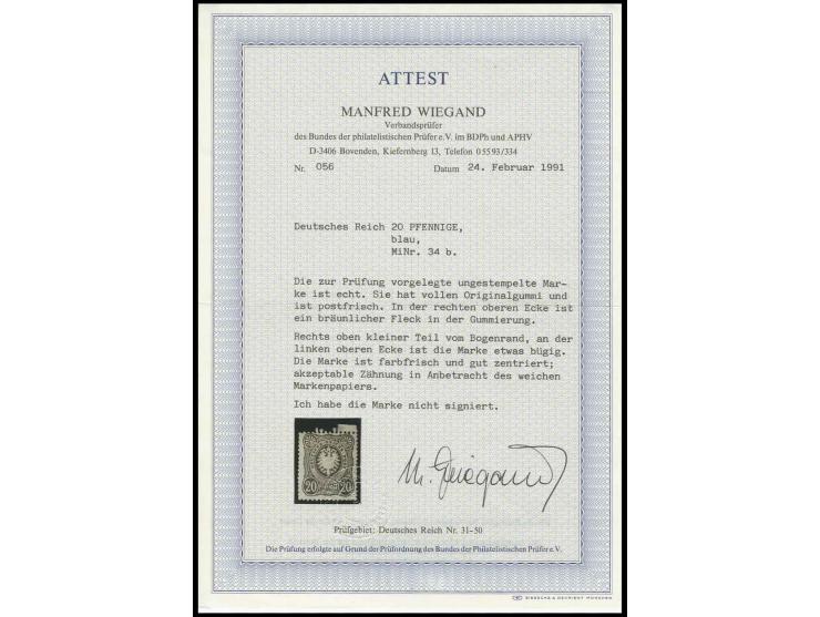 20 Pfge. blau, farbfrisch und gut zentriert, in der linken oberen Ecke ganz leicht bügig, postfrisch mit bräunlichem Fleck in