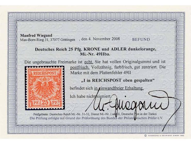 25 Pfg. dunkelorange mit Plattenfehler "I in REICHSPOST oben gespalten", postfrisch, Pracht, Fotobefund Wiegand BPP