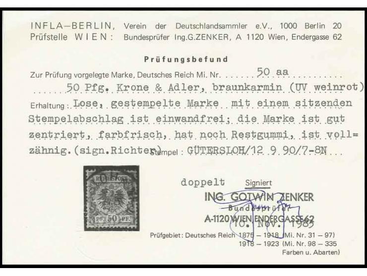 50 Pfg. bräunlichkarmin, farbfrisch, gut gezähnt und zentriert mit zentrischem Stempel "GÜTERSLOH 12 9 90" und Teilen von Res