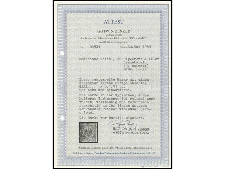 50 Pfg. bräunlichkarmin in der typischen, etwas helleren Farbnuance mit zartem Stempel "SAARBURG 5 1 91", Pracht, doppelt sig