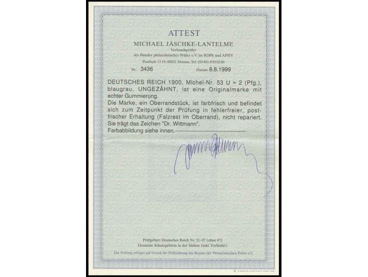 2 Pfg., breitrandig ungezähntes Oberrandstück, postfrisch mit Falzrest im Rand, Luxus, sign. Dr. Wittmann und Fotoattest Jäsc