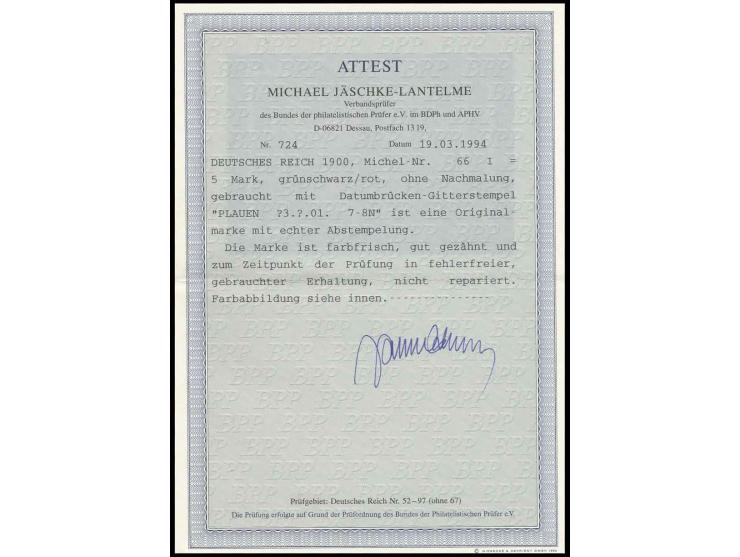 5 M., Type I, etwas unklar gestempelt "PLAUEN", Pracht, Fotoattest Jäschke-L. BPP (Mi. 2800,-)