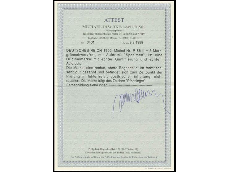 5 M. in Type II mit Aufdruck "Specimen", postfrische rechte obere Bogenecke, Luxus, sign. Pfenninger und Fotoattest Jäschke-L