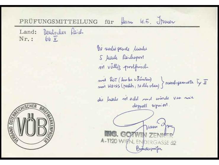 5 M., mit rot und weiß nachgemalt (frühere Type V), postfrisch, Pracht, u.a. doppelt sign. Zenker BPP mit Befund