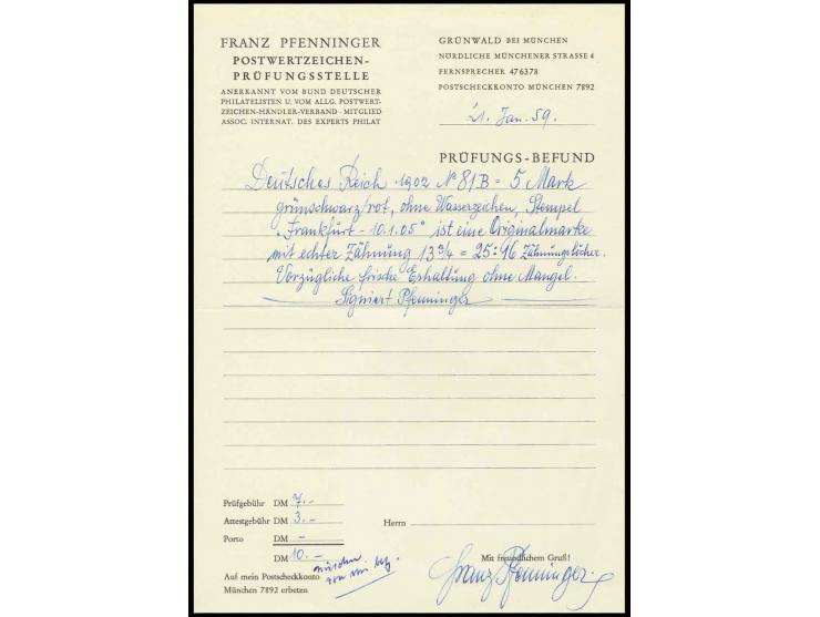 5 M. mit zwei sauberen Stempeln "FRANKFURT 10.1.05", Kabinett, doppelt sign. Pfenninger mit Befund (ex Sammlung Gubito)