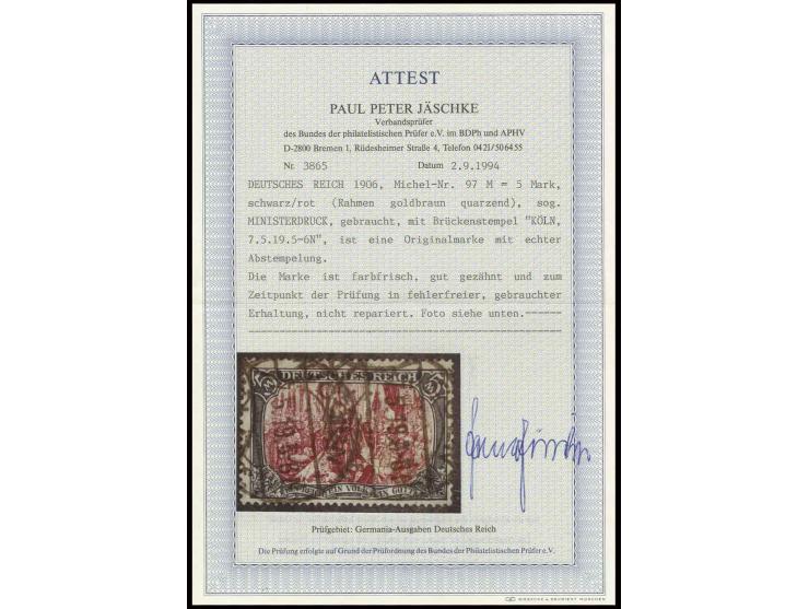 5 M., Ministerdruck mit schwarzer Rahmenfarbe, 2fach gestempelt "CÖLN 7.5.19", seltene Marke in sehr guter Erhaltung, Fotoatt