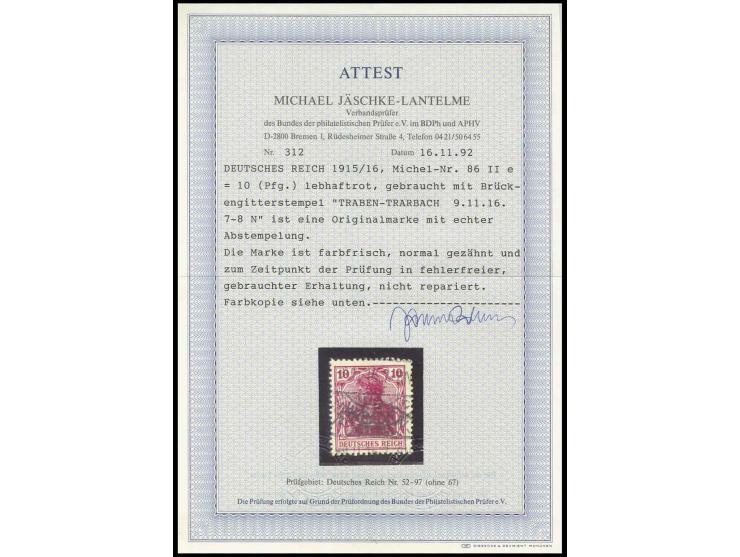 10 Pfg. lilarot, farbfrisch mit Stempel "TRABEN-TRARBACH 9.11.16", Kabinett, seltene Marke, Fotoattest Jäschke-L. BPP (Mi. 30