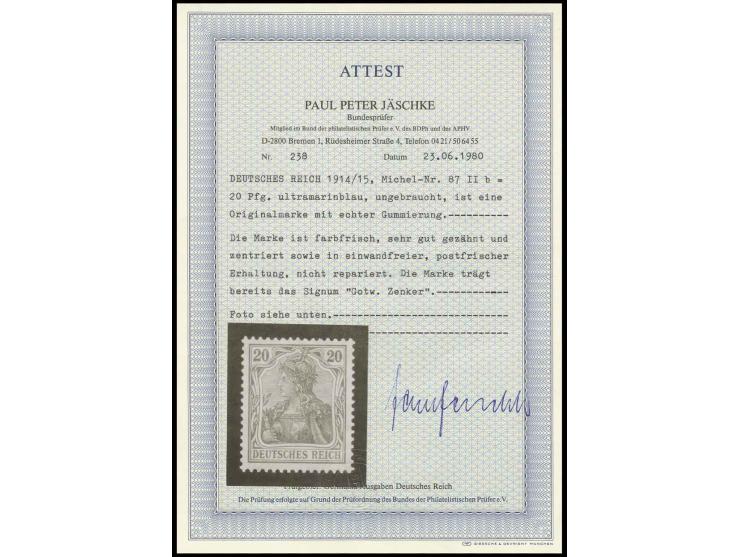 20 Pfg. violettultramarin, postfrisch, Kabinett, sign. Zenker BPP und Fotoattest Jäschke BPP (Mi. 2000,-)