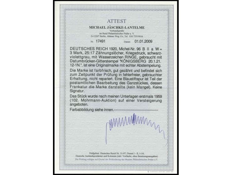3 M. mit Wasserzeichen Ringe, farbfrisch und gut gezähnt, sauber gestempelt, oben mit Blaustiftspuren, Pracht, Fotoattest Jäs