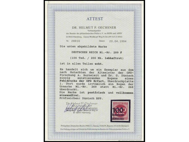 100 Tsd. auf 200 M., Fehldruck der OPD Erfurt, postfrisch, Luxus, sign. Düntsch BPP und Fotoattest Dr. Oechsner BPP (Mi. 3500