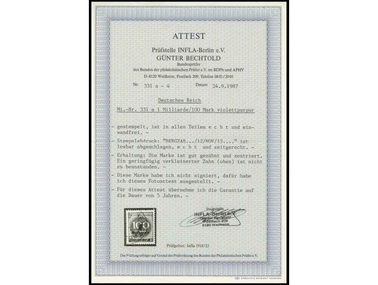 1 Mrd. auf 100 M. violettpurpur, Hitlerprovisorium  mit sauberem Teilstempel "BERGZABERN 12 NOV", bis auf geringfügig verkürz