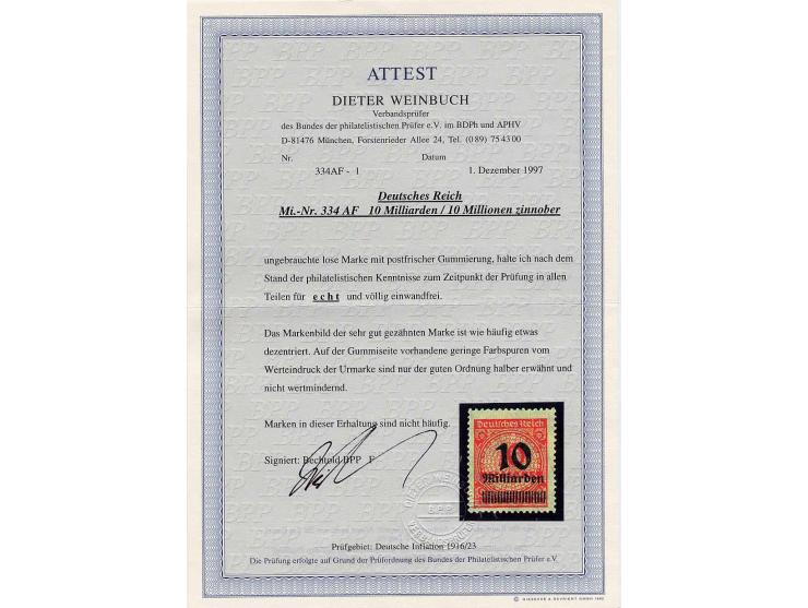 10 Mrd. auf 10 Mio. M. zinnober, postfrisch, Kabinett, sign. Bechtold BPP sowie Fotoattest Weinbuch BPP (Mi. 1000,-)