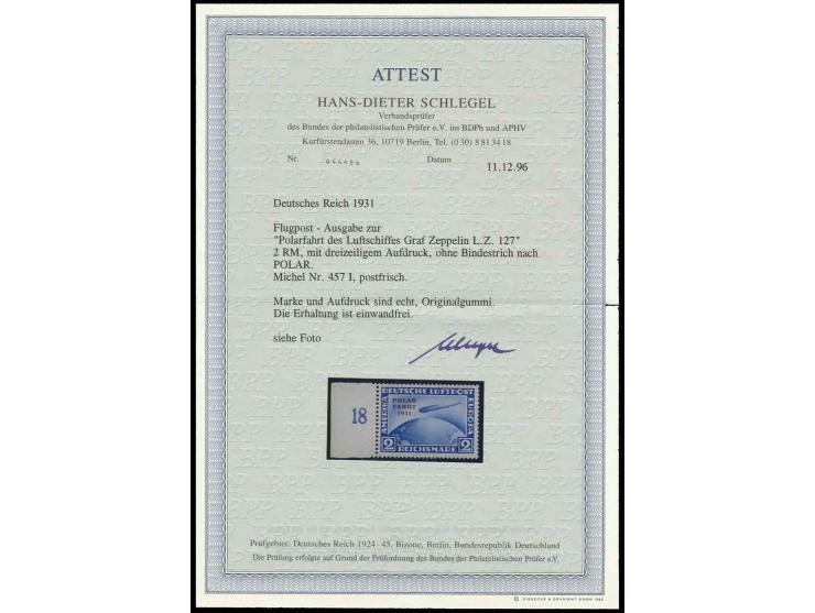 2 M., postfrisches linkes Randstück (dort mit Falzrest), Kabinett, unsign. mit Fotoattest D. Schlegel BPP (Mi. 2800,-)