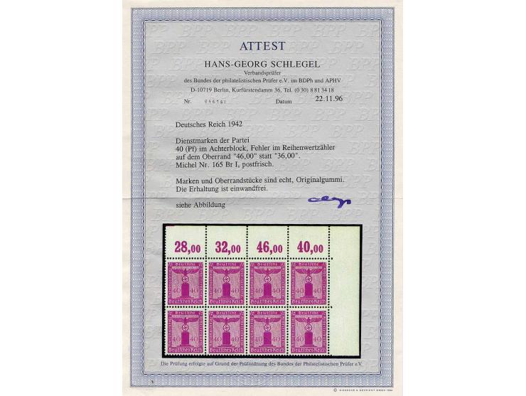1942, Parteidienstmarke 40 Pfg. im waagerechten 8er-Block aus der rechten oberen Bogenecke, dabei über Feld 9 Fehler des Reih