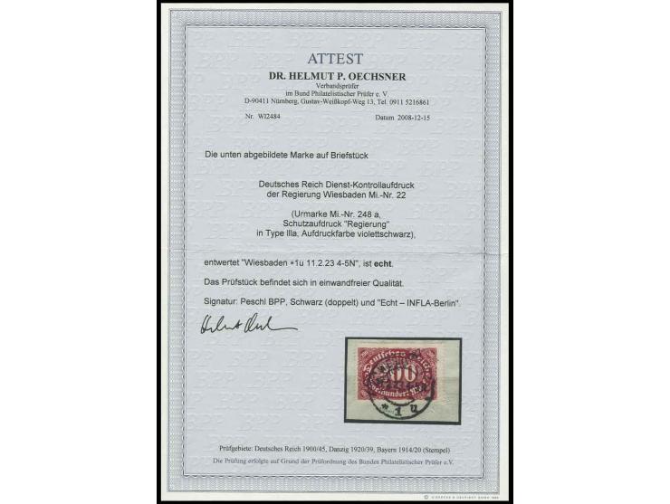200 M. mit Aufdruck in Type IIII, sauber gestempelt "WIESBADEN 11.2.23" auf Briefstück, Kabinett, u.a. sign. Infla und Fotoat