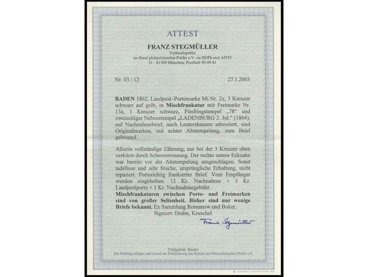 1853, Farbänderung: 1 Kr. schwarz mit 1858, 3 Kr. auf blau mit Nr. "43" auf Brief von Freiburg nach Stahlberg, etwas wasserfl