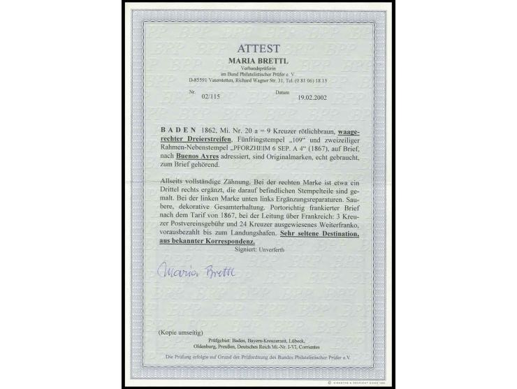 6 Kr. preußischblau mit 1862/66, 3 Kr. hellrot mit 3mal aufgesetztem L2 "ACHERN/23 Okt." auf Briefstück, Pracht