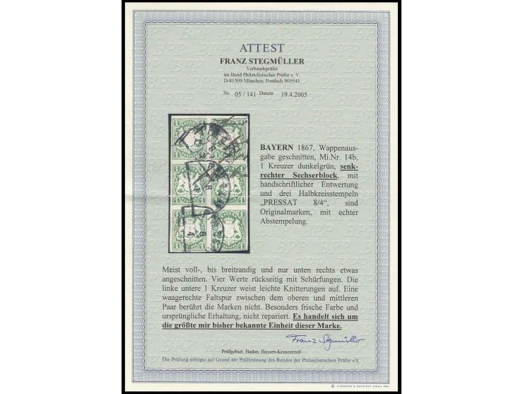 1867, Wappen geschnitten: 1 Kr. dunkelgrün im senkrechten 6er-Block mit teils handschriftlicher Entwertung sowie Halbkreisste