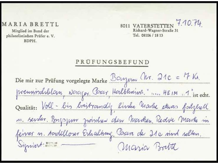 7 Kr. preußischblau im voll- bis breitrandigen waagerechten Paar, zart gestempelt, linke Marke gering falzhell und schwache F
