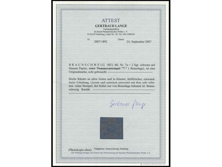 2 Sgr. auf blau, allseits breitrandig mit gerader und zentrischer roter Nr. "7", Kabinett, Fotoattest Lange BPP