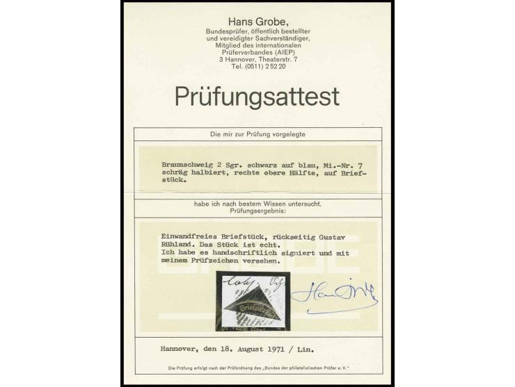 2 Sgr. auf blau, diagonal halbiert, rechte obere Hälfte mit Nr. "8" auf Briefstück, Kabinett, u.a. sign. Grobe mit Fotoattest