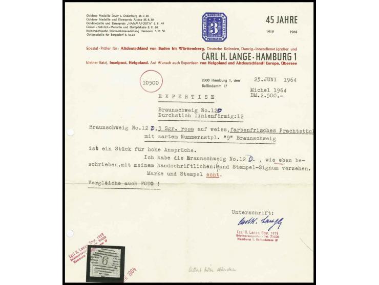 3 Sgr. karmin, linienförmig durchstochen 12, zentrisch sauber gestempelt "9.", Kabinett, mehrfach sign., u.a. Grobe sowie Fot
